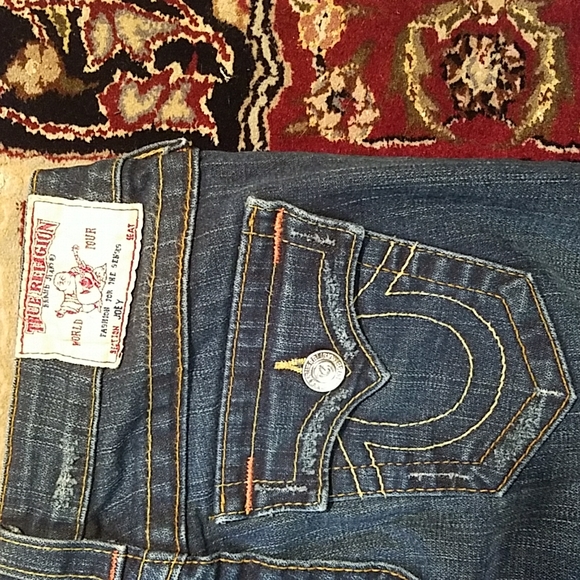 True Religion 25 Long Flap pocket Joey twist Boot Orange stitching Distressed - Picture 13 of 14